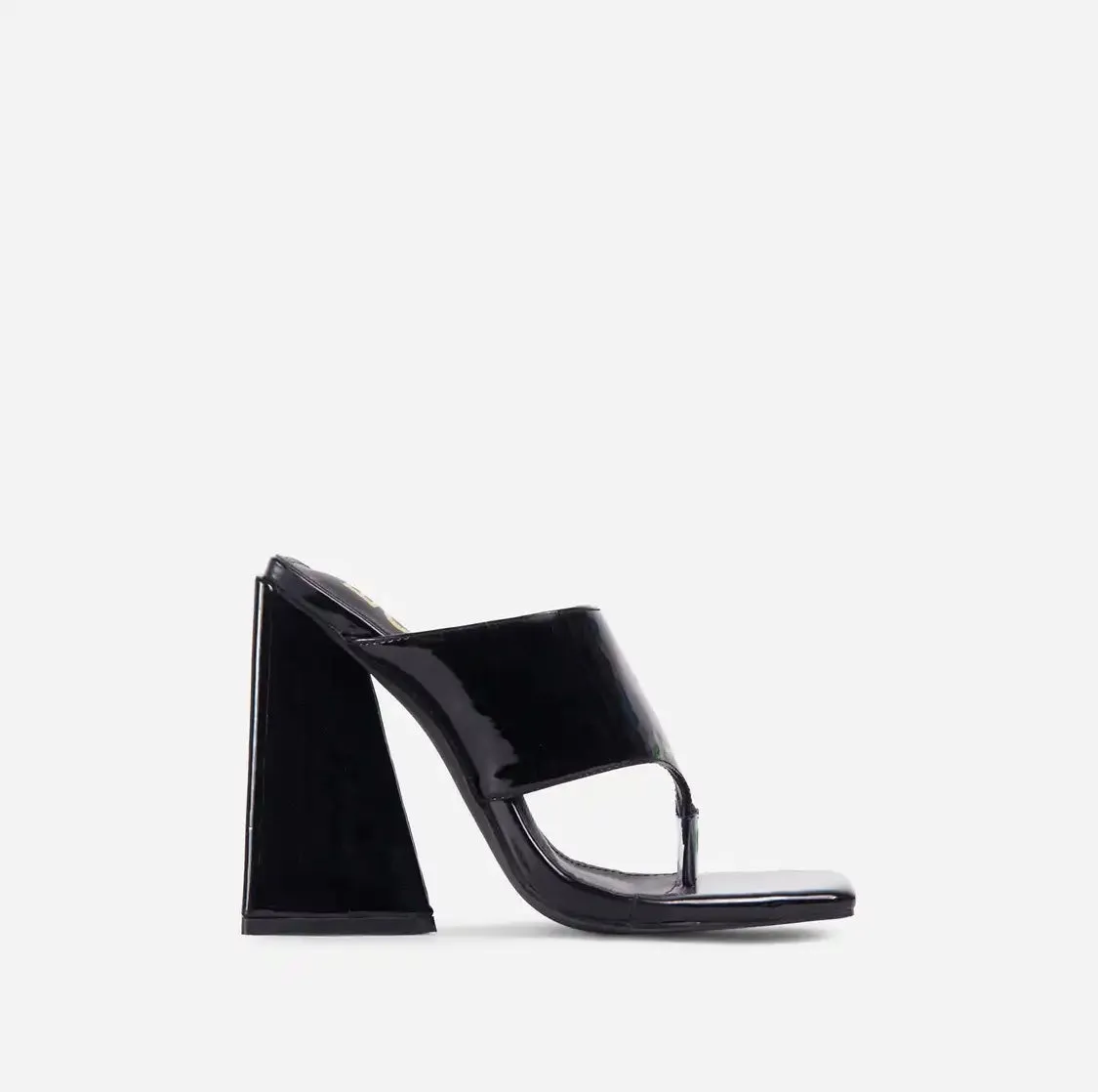 Black Patent Square Toe Sculptured Flared Block Heel Mules