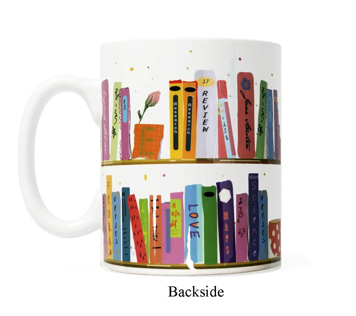 Colorful Book Shelf 11 ounce Ceramic Mug for Book Lovers