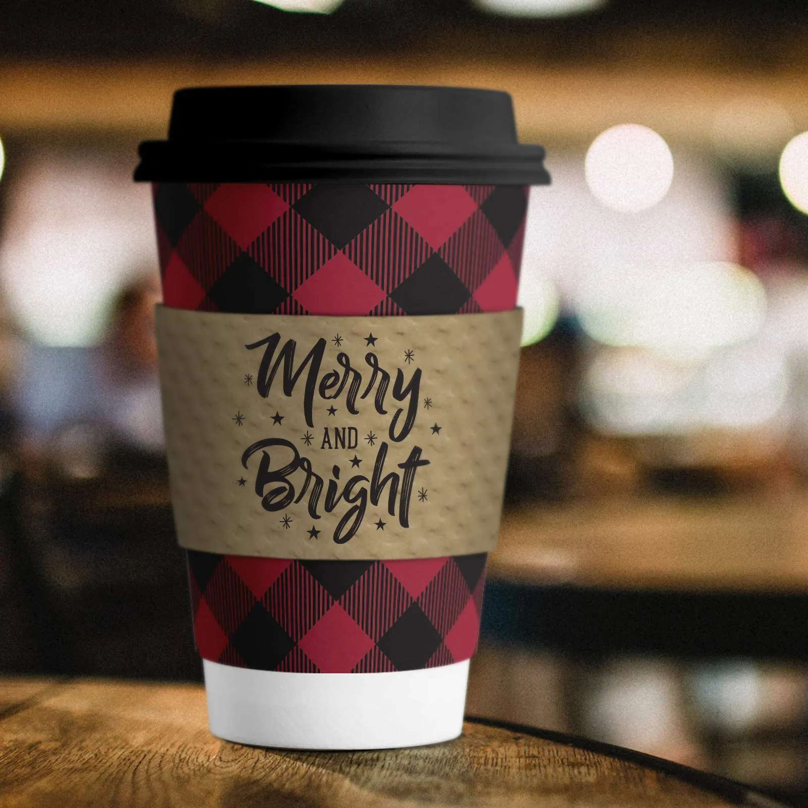 Disposable Coffee or Hot Chocolate Cups - Buffalo Plaid, 12-ct with Holiday Kraft Sleeves