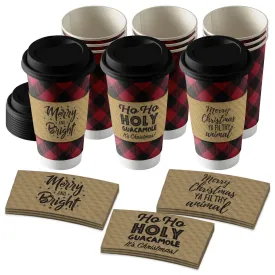 Disposable Coffee or Hot Chocolate Cups - Buffalo Plaid, 12-ct with Holiday Kraft Sleeves