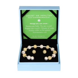 Golf Goddess Gift Set - Two-Tone Golf Ball Bead Stroke Counter Bracelet and Gold Golf Ball Earrings