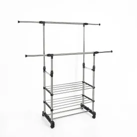 Heavy Duty Double Bar Garment Rack, Adjustable Steel, Mobile