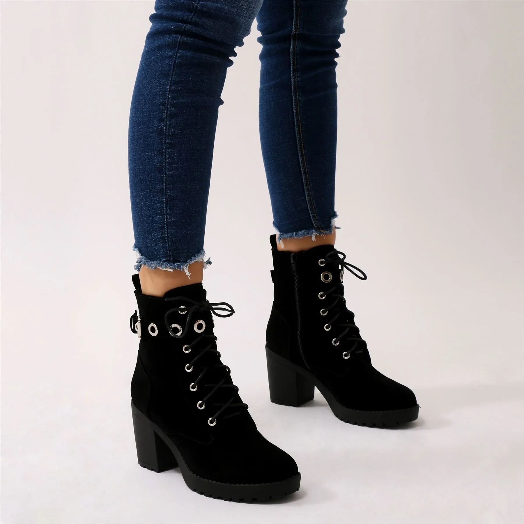 Noise Eyelet Biker Boots in Black Faux Suede