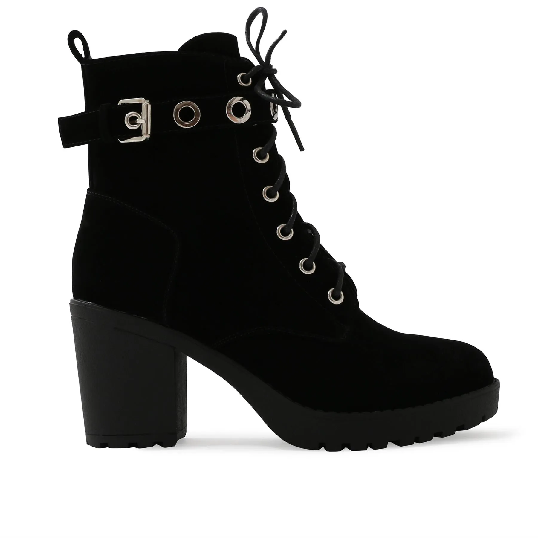 Noise Eyelet Biker Boots in Black Faux Suede