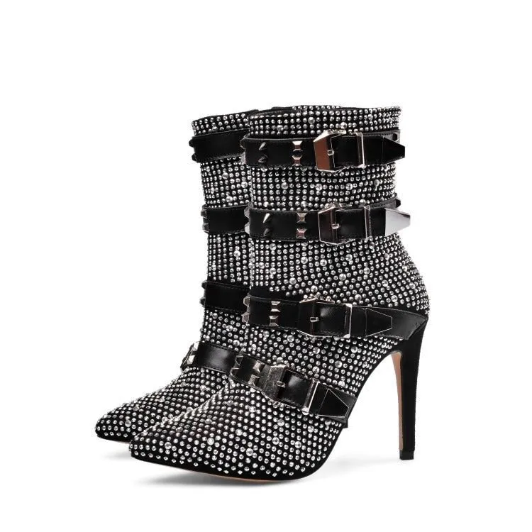 Pre Order:  Crystal Studs Buckle Short Boots