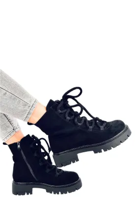 TEEK - Black Thick Rope Lace Suede Touch Boots